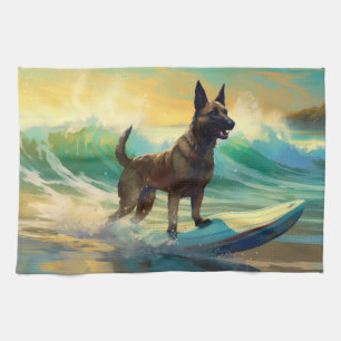 Belgische Malinoi Strand Surfen Schilderij Theedoek