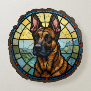 Belgische Malinois Glas-in-lood Stijl Illustratie Rond Kussen
