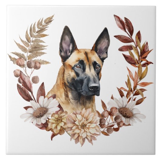 Belgische Malinois Hond Herfstkrans Tegeltje (Voorkant)