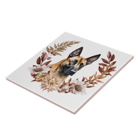 Belgische Malinois Hond Herfstkrans Tegeltje (Zijkant)