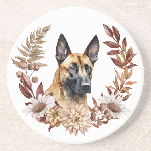 Belgische Malinois Hond Herfstkrans Zandsteen Onderzetter (Voorkant)