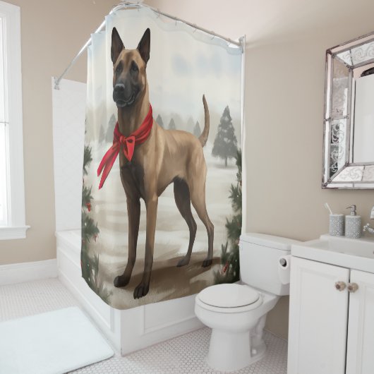 Belgische Malinois Hond in Sneeuw Kerstmis Douchegordijn (In situ)