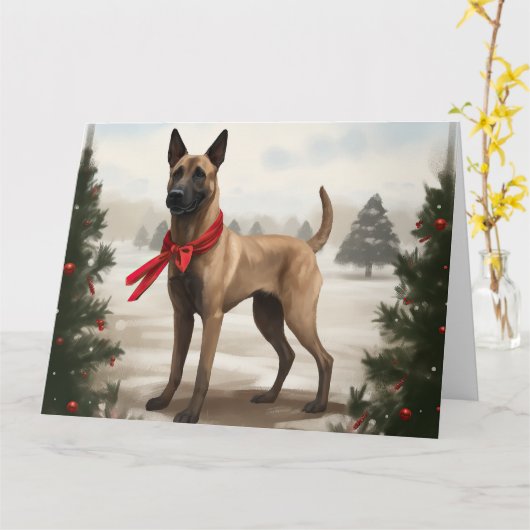 Belgische Malinois Hond in Sneeuw Kerstmis Kaart (Gele Bloem)