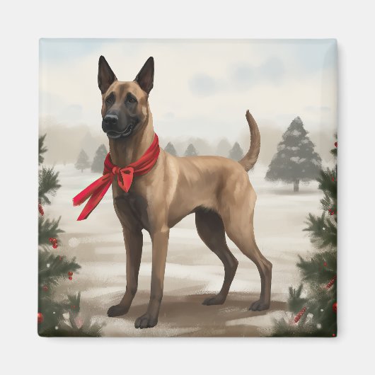 Belgische Malinois Hond in Sneeuw Kerstmis Magneet (Voorkant)