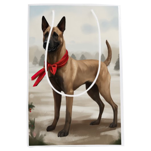 Belgische Malinois Hond in Sneeuw Kerstmis Medium Cadeauzakje (Voorkant)