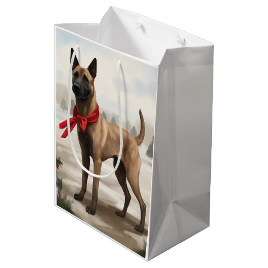 Belgische Malinois Hond in Sneeuw Kerstmis Medium Cadeauzakje (Achterkant Gekanteld)