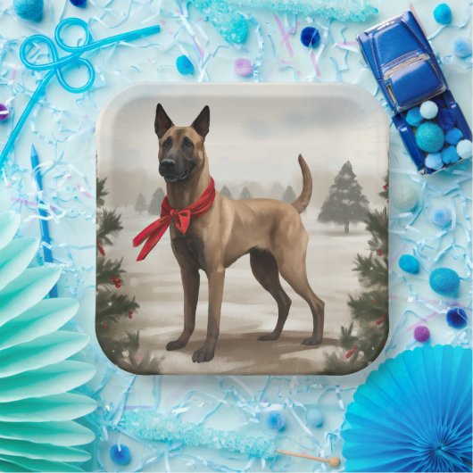 Belgische Malinois Hond in Sneeuw Kerstmis Papieren Bordje (Feest)