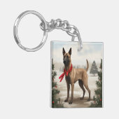 Belgische Malinois Hond in Sneeuw Kerstmis Sleutelhanger (Voorkant Links)