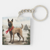 Belgische Malinois Hond in Sneeuw Kerstmis Sleutelhanger (Achterkant)