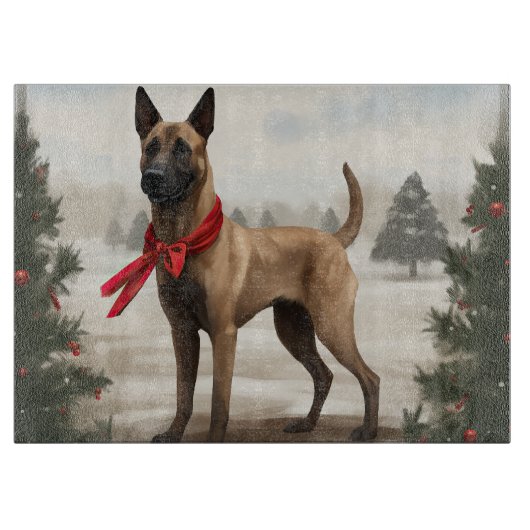 Belgische Malinois Hond in Sneeuw Kerstmis Snijplank (Voorkant)