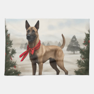 Belgische Malinois Hond in Sneeuw Kerstmis Theedoek