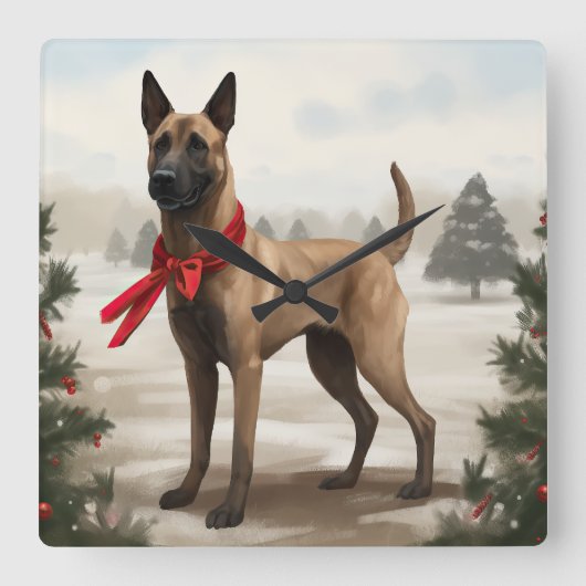 Belgische Malinois Hond in Sneeuw Kerstmis Vierkante Klok (Voorkant)