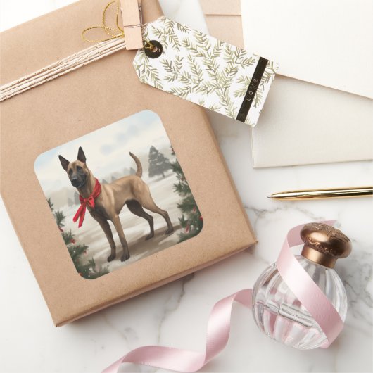 Belgische Malinois Hond in Sneeuw Kerstmis Vierkante Sticker (Geschenken)