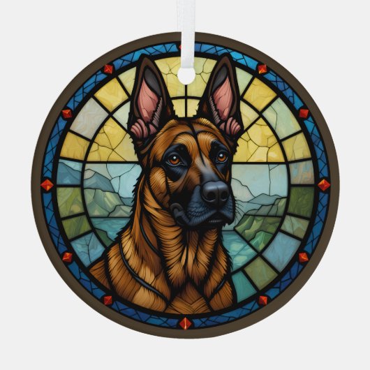 Belgische Malinois-illustratie in glas-in-loodstij Glas Ornament (Achterkant)