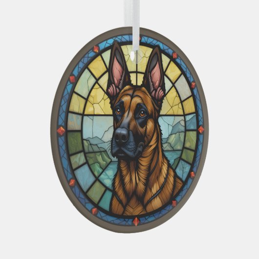 Belgische Malinois-illustratie in glas-in-loodstij Glas Ornament (Voorkant Rechts)