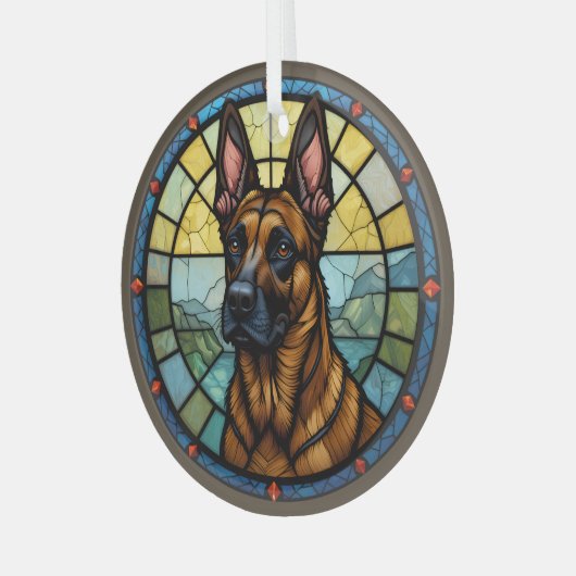Belgische Malinois-illustratie in glas-in-loodstij Glas Ornament (Voorkant links)