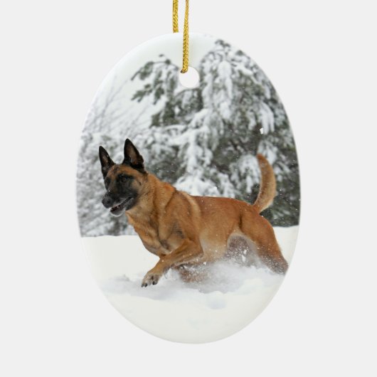 Belgische Malinois in sneeuwsieraad 2 Keramisch Ornament (Achterkant)