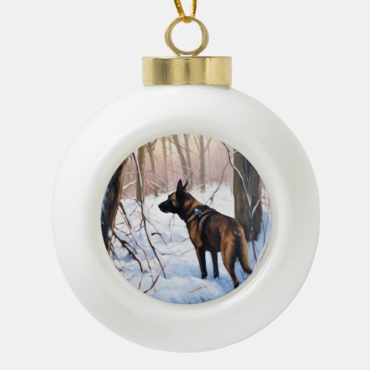 Belgische Malinois Laat Het Sneeuw Kerstmis Keramische Bal Ornament (Voorkant)