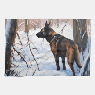 Belgische Malinois Laat Het Sneeuw Kerstmis Theedoek