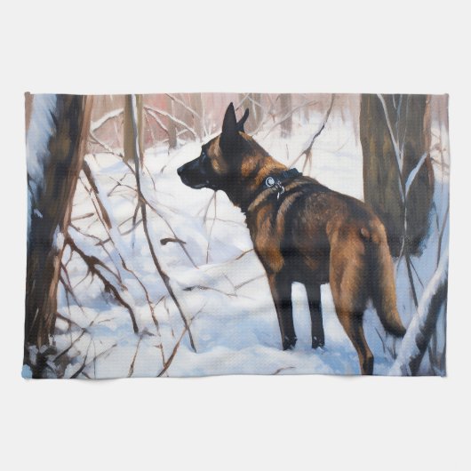 Belgische Malinois Laat Het Sneeuw Kerstmis Theedoek (Horizontaal)