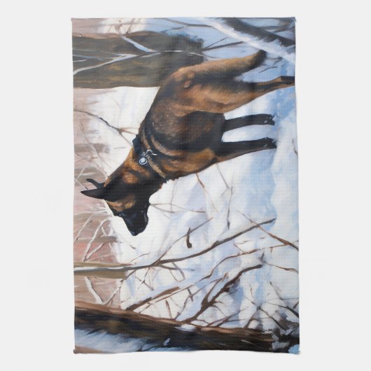 Belgische Malinois Laat Het Sneeuw Kerstmis Theedoek (Verticaal)