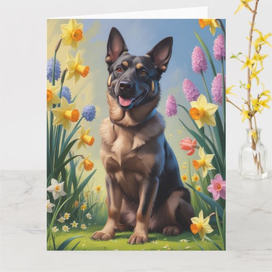 Belgische Malinois Lente Bloemen Schilderij Kaart (Gele Bloem)