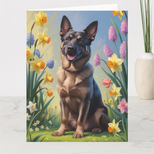 Belgische Malinois Lente Bloemen Schilderij Kaart (Voorkant)