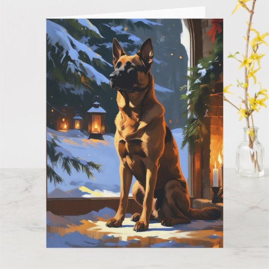 Belgische Malinois met kerstverlichting Vakantie Kaart (Gele Bloem)