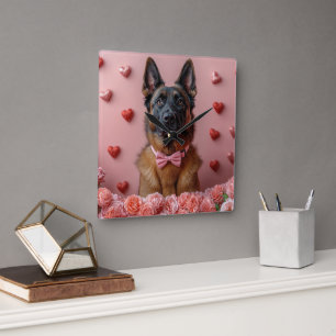 Belgische Malinois met Rozen - Valentijnsdag Vierkante Klok