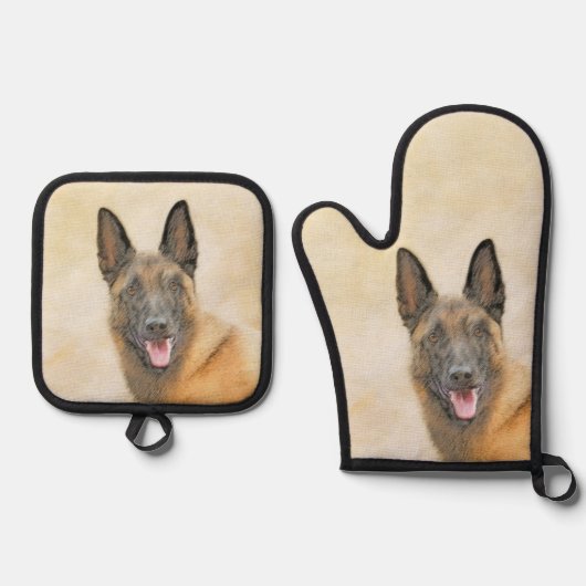 Belgische Malinois Shepherd Mahogany Schilderkunst Ovenwant & Pannenlap Set (Voorkant)