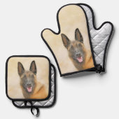 Belgische Malinois Shepherd Mahogany Schilderkunst Ovenwant & Pannenlap Set (Voorkant / Achterkant)