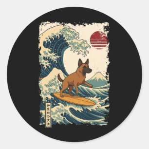 Belgische Malinois surft op Japanse Kanagawa-golf Ronde Sticker