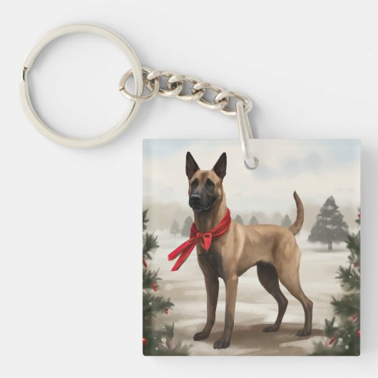 Belgische Mechelse Herder in Sneeuw Kerstmis Sleutelhanger (Voorkant)