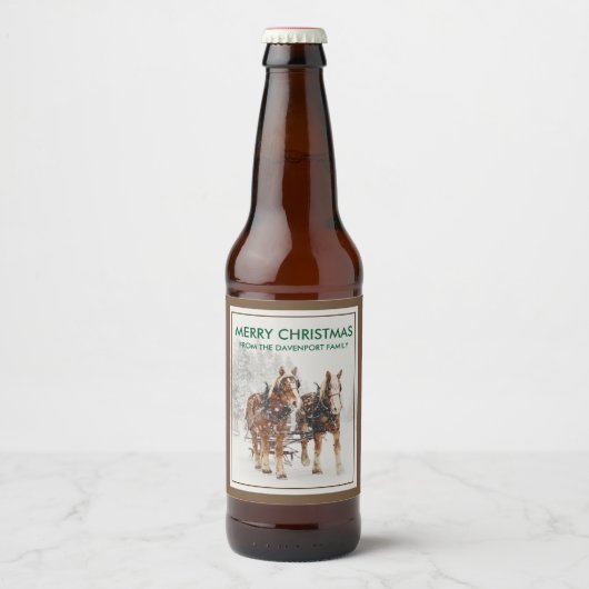 Belgische paardenploeg winterkerstscène bier etiket (Voorkant)