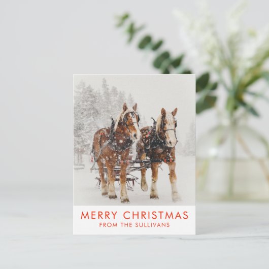 Belgische paardenploeg winterkerstscène briefkaart (Staand voorkant)