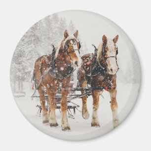 Belgische paardenploeg winterkerstscène magneet
