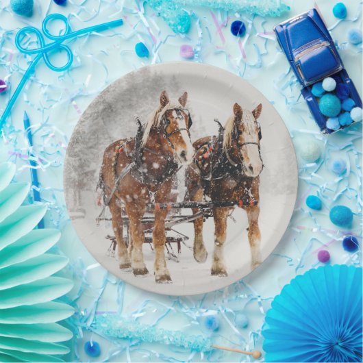 Belgische paardenploeg winterkerstscène papieren bordje (Feest)