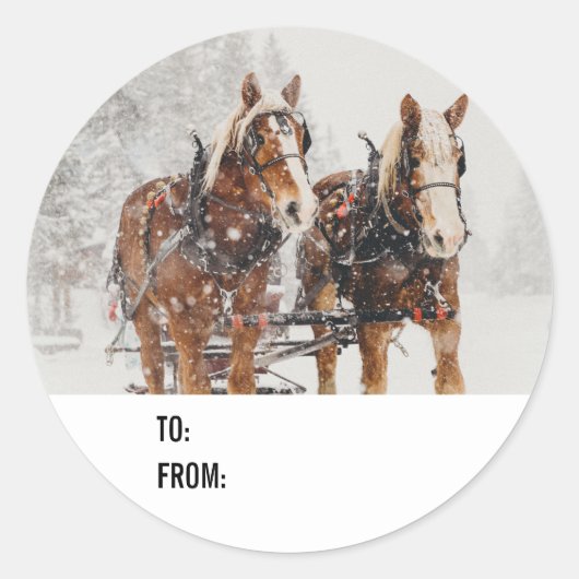 Belgische paardenploeg winterkerstscène ronde sticker (Voorkant)