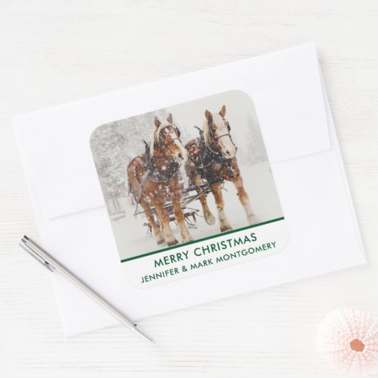 Belgische paardenploeg winterkerstscène vierkante sticker (Envelop)
