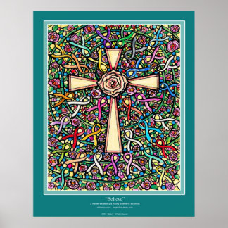 "Believe" Christian Cross ekleberry color ribbonss Poster
