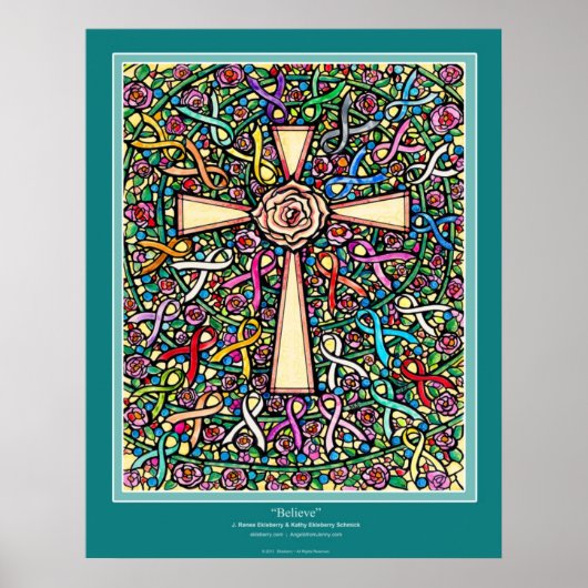 "Believe" Christian Cross ekleberry color ribbonss Poster (Voorkant)