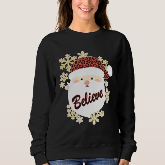 Believe Christmas Santa Hat Leopard Snowflake Grap Trui (Voorkant)