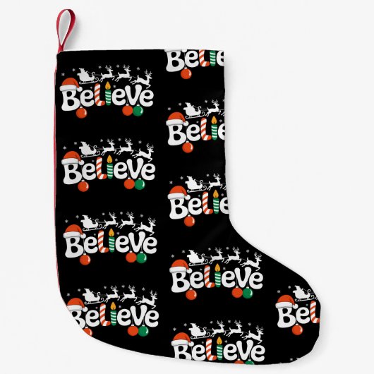 Believe Christmas Santa Sleigh Reindeer Candy Cane Kleine Kerstsok (Voorkant)
