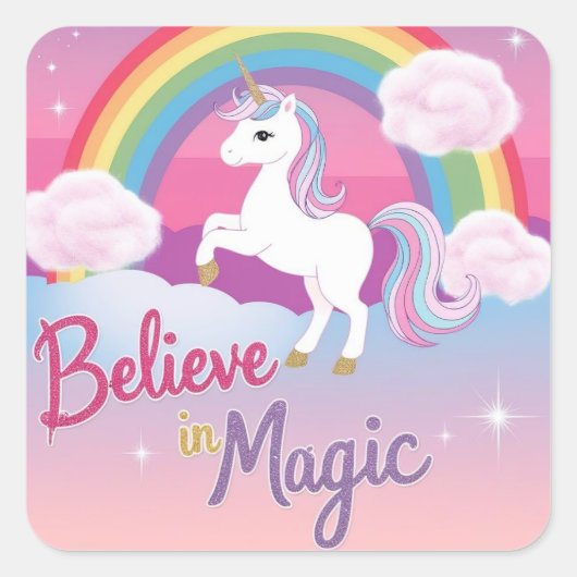 Believe in Magic with Unicorn and Rainbow Vierkante Sticker (Voorkant)