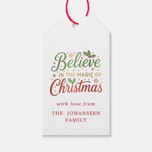 Believe in the Magic of Christmas Red Holly Berry Cadeaulabel (Voorkant)