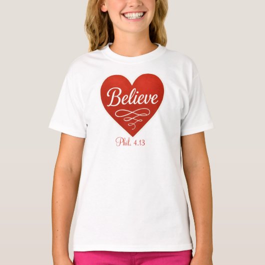 Believe red and white heart t-shirt (Voorkant)