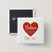 Believe red and white heart vierkante button 5,1 cm (Voorkant /achterkant)