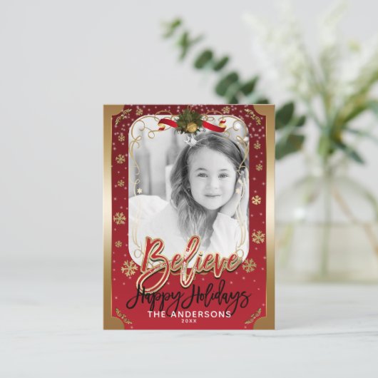 Believe Red & Gold Winter Sneeuwvlokken Vakantie F Feestdagenkaart (Staand voorkant)