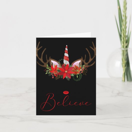 Believe Red White Insettia Reindeer Unicorn T Shir Kaart (Voorkant)