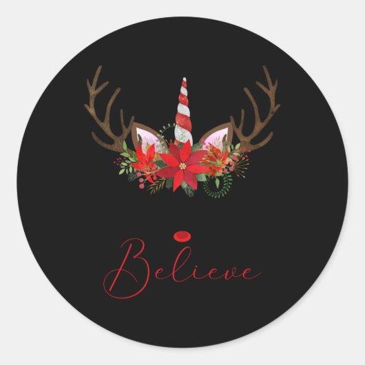 Believe Red White Insettia Reindeer Unicorn T Shir Ronde Sticker (Voorkant)